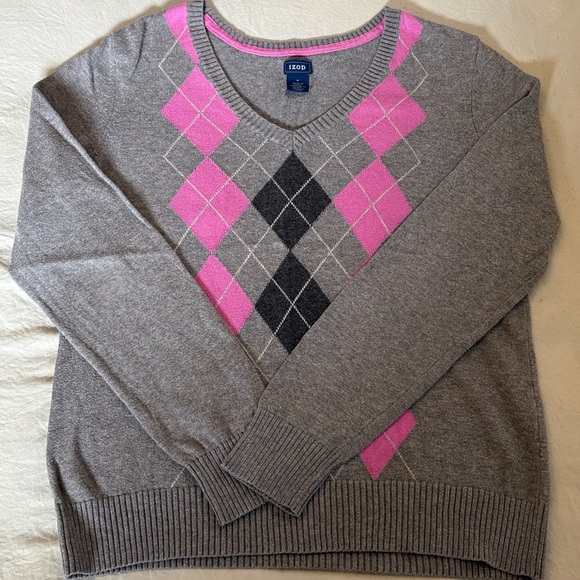 Izod Gray Sweater with Pink Argyle Design - Picture 1 of 5